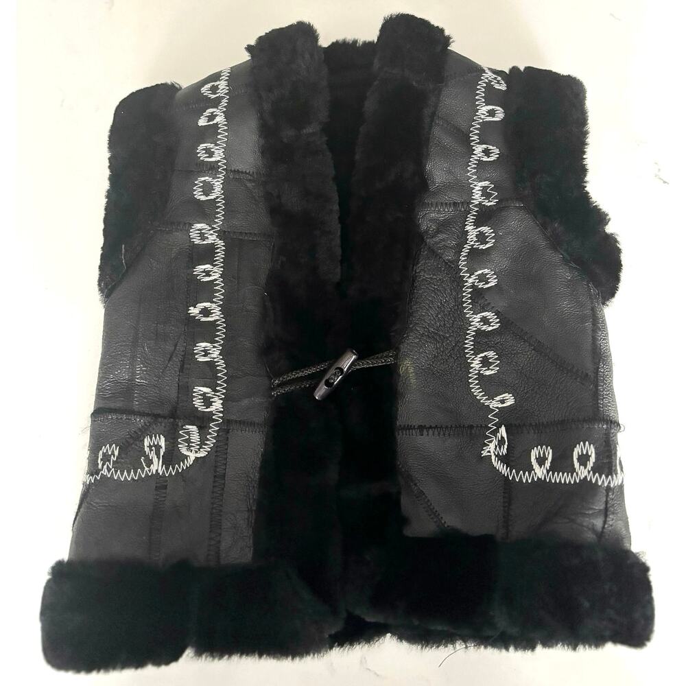Leather faux fur folk style black vest toggle closure embroidery detail 2/3 yr